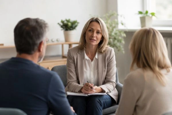 Couple discussing financial arrangement , pensions in divorce Newport